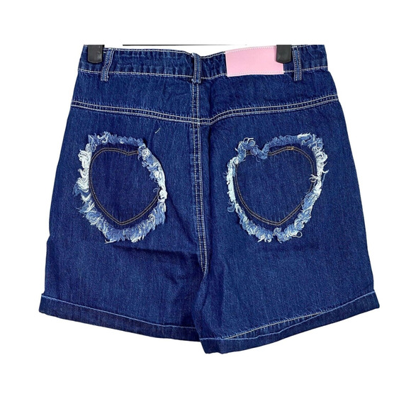 NWT Cotton Dark Wash Back Heart Shape Patch High Rise Shorts Small Blue #3145 - Picture 4 of 14